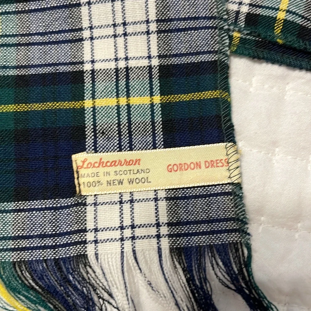 Vintage Lochcarron Scotland 100% Wool Green Blue Plaid Tartan Gordon Dress Scarf
